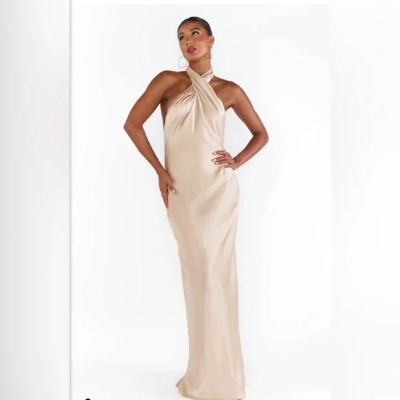 Champagne Luxe Satin My Mumu Bridesmaid Dresses Mina Midi Dress